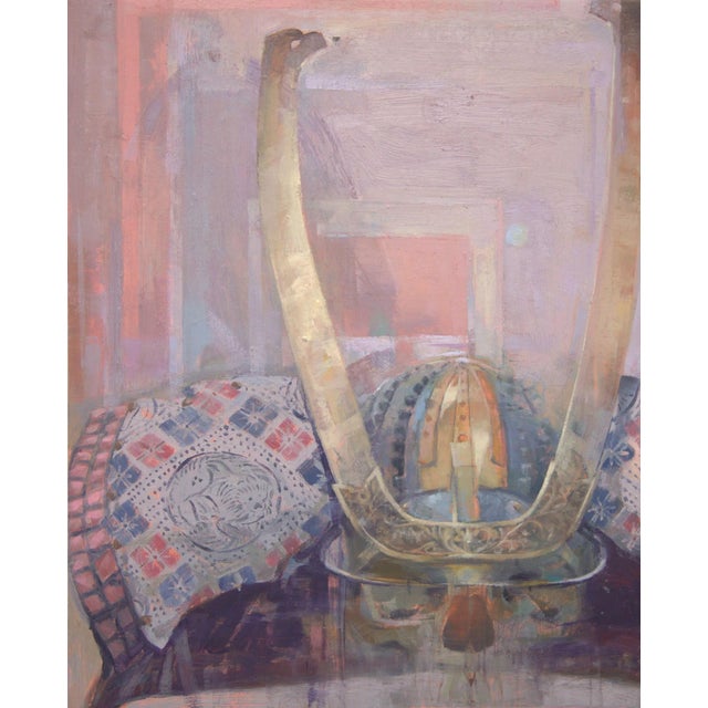 Gate Keeper by Elena Burykina | Oil on panel Still life featuring a decorative object and textiles. For Sale