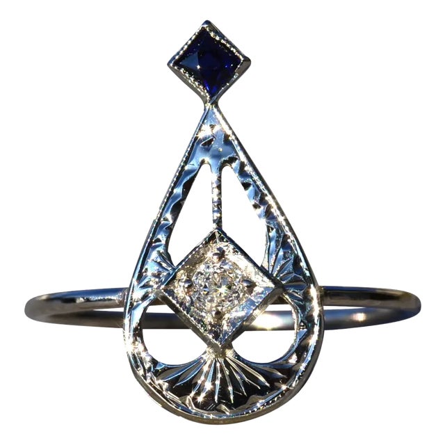 The Albion: Ladies Antique 18K Filigree Ring set with Sapphire and Diamond For Sale