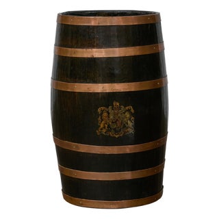 English Wooden Barrel, Copper Braces, Royal Coat of Arms Transfer, Circa 1900 For Sale