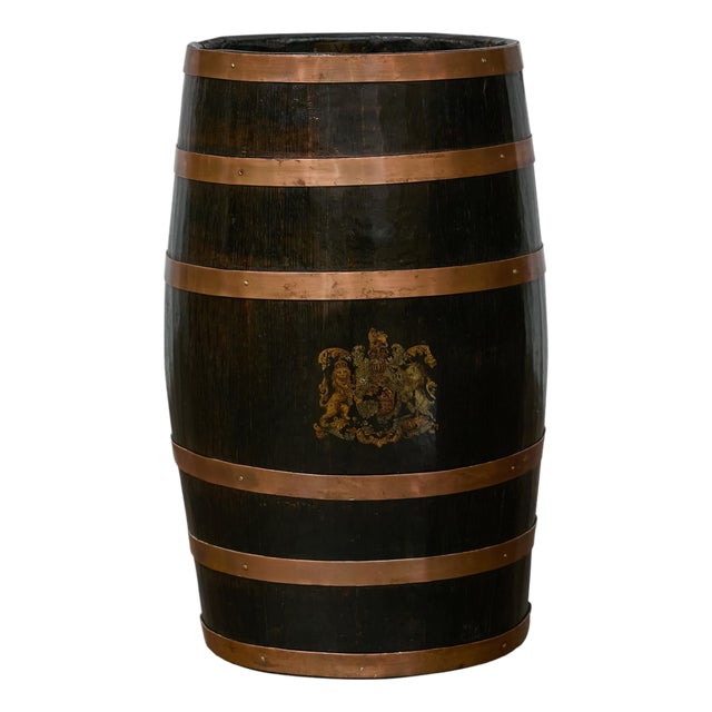 English Wooden Barrel, Copper Braces, Royal Coat of Arms Transfer, Circa 1900 For Sale