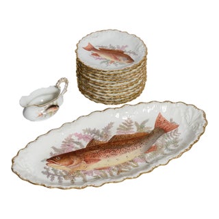 Antique Hand-Painted French Limoges Porcelain Fish Service Set - 14 pcs For Sale