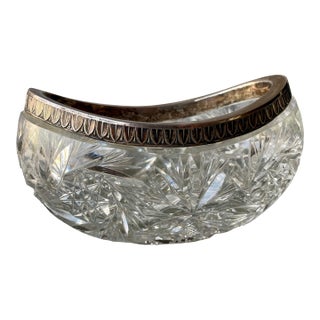 Brilliant Deeply Cut Cut Glass Art Deco 875 Silver Rimmed Oval Boat Small Bowl For Sale
