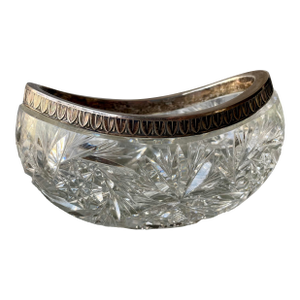 Brilliant Deeply Cut Cut Glass Art Deco 875 Silver Rimmed Oval Boat Small Bowl