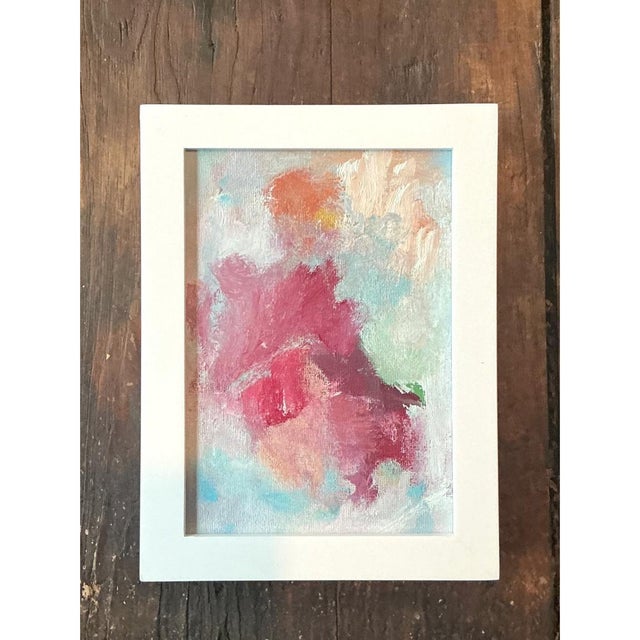 This vintage abstract expressionist painting on board delivers a concentrated burst of color and movement in an intimate...