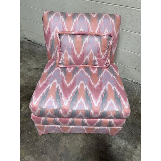 Vibrant pink cotton twill flame stitch fabric with cream and blue green. Great condition. Cushions are in great condition....