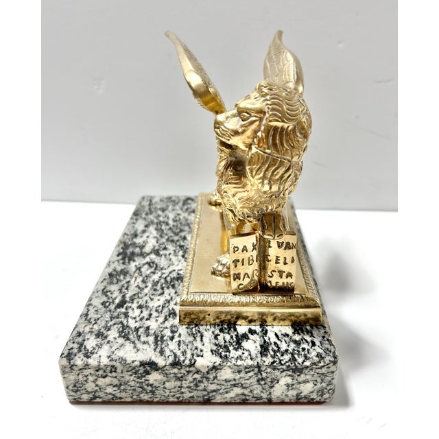 Metal Winged Lion of Saint Mark Brass Sculpture on Marble Base – Venetian Griffin Grand Tour Decor For Sale - Image 7 of 12