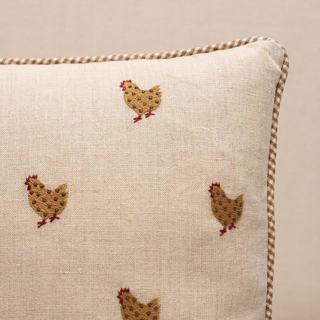 This pillow features Betsy's Chicken Embroidery. Betsy’s Chicken Embroidery is a cheerful small-scale pattern with a...