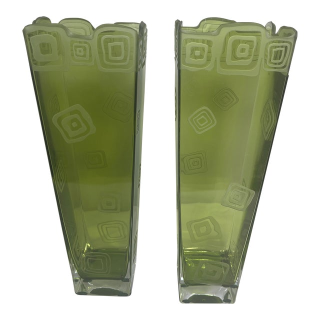 Pair of Vintage Vases on Green Glass For Sale