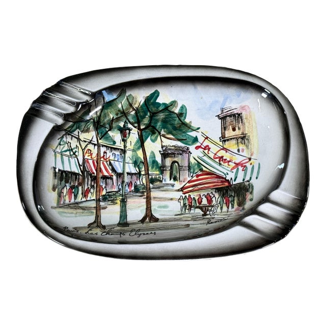 Mid-Century French Paris Champs Elysees Hand-Painted Ceramic Ashtray / Catchall For Sale