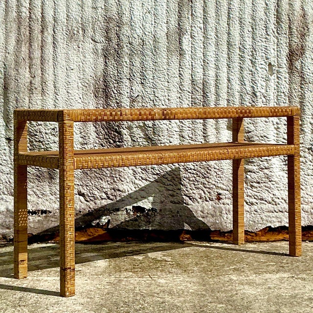 Camel Vintage Coastal Woven Rattan Console Table For Sale - Image 8 of 9