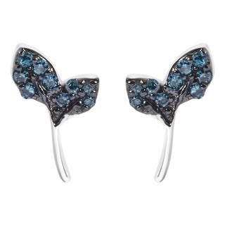 Sterling Silver Blue Treated Diamond Accent Leaf Stud Earrings For Sale