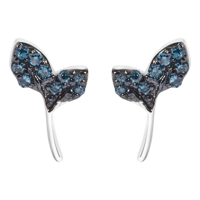 Sterling Silver Blue Treated Diamond Accent Leaf Stud Earrings For Sale