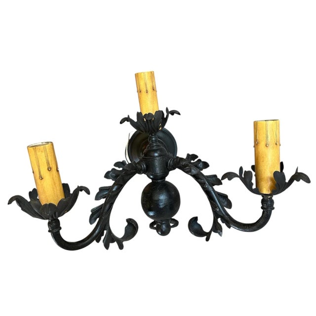 American Circa 1920s Pair of Large Triple Original Painted Iron Sconces For Sale - Image 3 of 7
