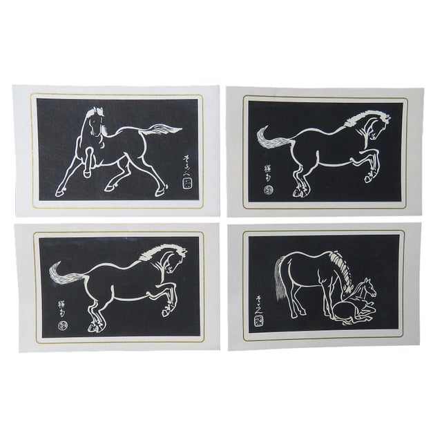 Sonan Noda Japanese Horses Writing Cards & Envelopes Woodblock Prints - Set of 4 For Sale