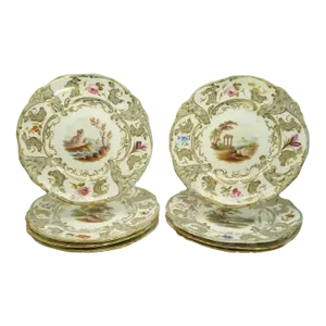 Antique English Hand-Painted Landscape Scenes Pierced Work Gilt Edges Cabinet Plates- Set of 8