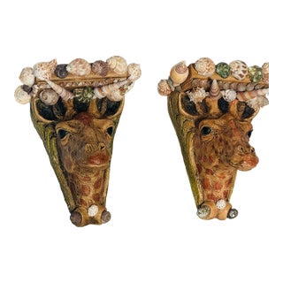 Vintage Gorgeous Pair of Giraffe Wall Brackets Encrusted With Sra Shells For Sale