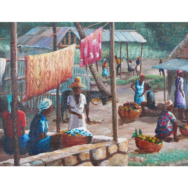 Late 20th Century Late 20th Century Modern Realist Green and Blue-Toned Rural Village Market Landscape Painting byJean-Felix Defournoy For Sale - Image 10 of 12