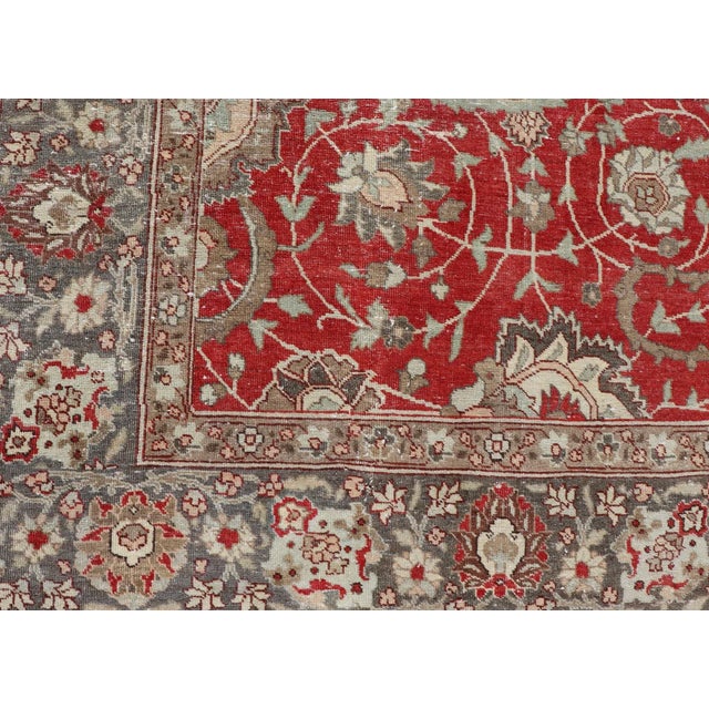 Red Antique Persian Fine Weave Tabriz in Red Background With Earth Tones For Sale - Image 8 of 12