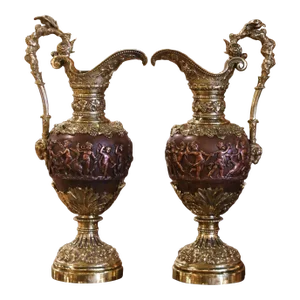 Pair of 19th Century French Renaissance Patinated Bronze Ewers Clodion Style