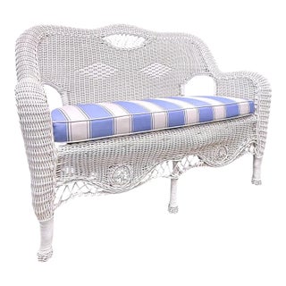 Henry Link Vintage White Wicker Outdoor Settee With Blue Stripe Cushion For Sale