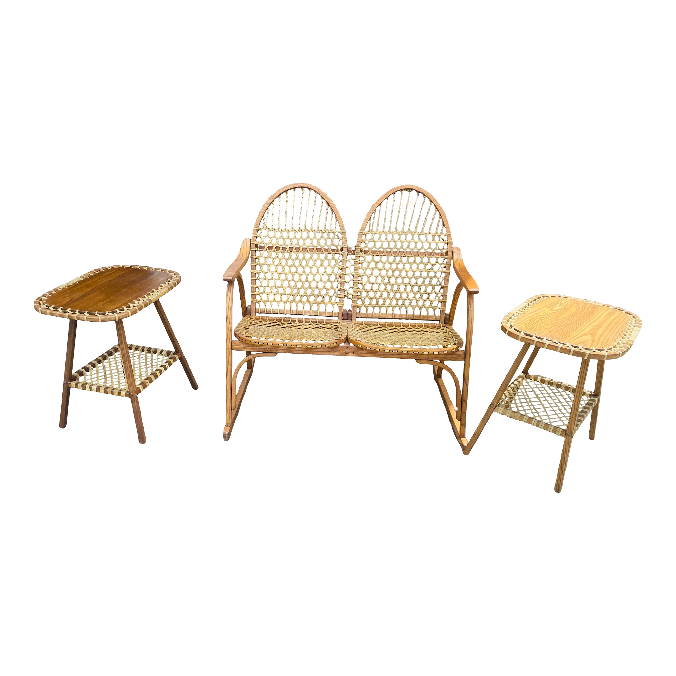 Mid 20th Century Vermont Tubbs Snowshoe Caned Double Rocker Bench
