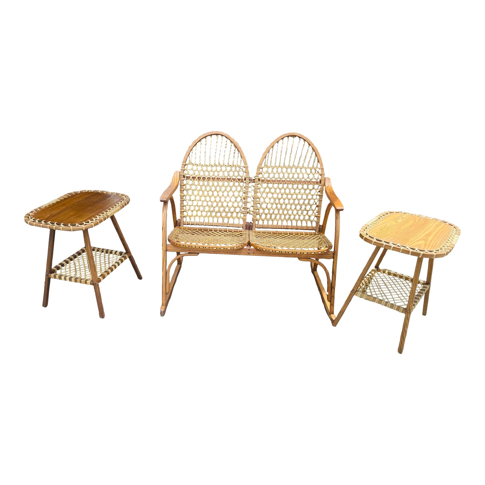 Mid 20th Century Vermont Tubbs Snowshoe Caned Double Rocker Bench