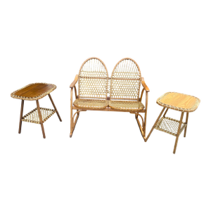 Mid 20th Century Vermont Tubbs Snowshoe Caned Double Rocker Bench Settee & Side Tables, 3 Pieces