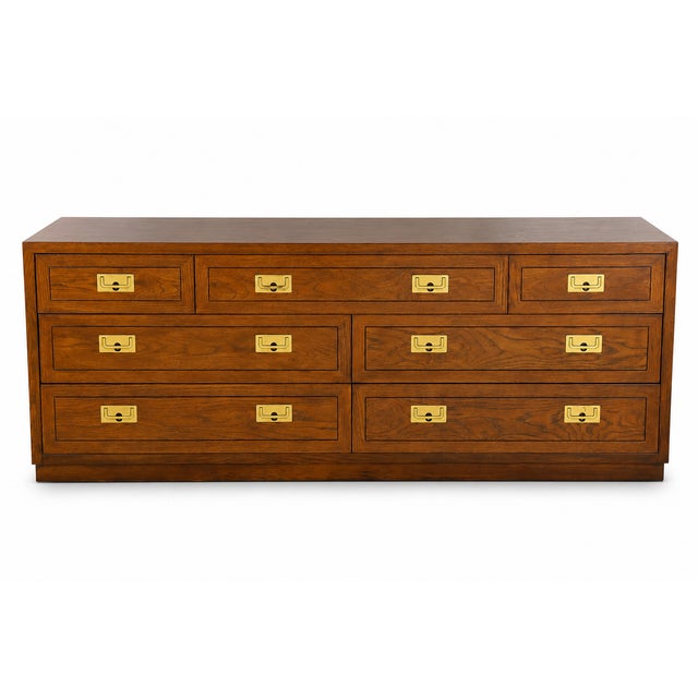 Wood Henredon Campaign Style Triple Dresser / Credenza in Warm Walnut With Brass Hardware For Sale - Image 7 of 11