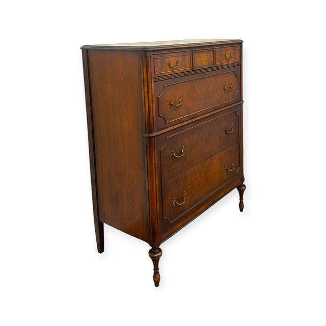 Traditional Vintage Traditional Burl Wood Tallboy Dresser With Floral Inlay and Pattern-Lined Drawers. For Sale - Image 3 of 13