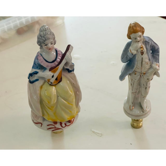 1920s Antique Porcelain Couple Musicians Figurines Lamp Finials - a Pair For Sale - Image 5 of 5