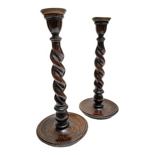 Vintage Rustic Carved Wood Candleholders, a Pair For Sale