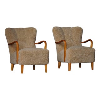 Mid-Century Modern Swedish Lounge Chairs in Birch and Lambswool, 1960s, Set of 2 For Sale