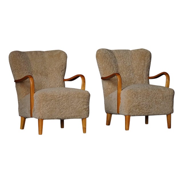 Mid-Century Modern Swedish Lounge Chairs in Birch and Lambswool, 1960s, Set of 2 For Sale