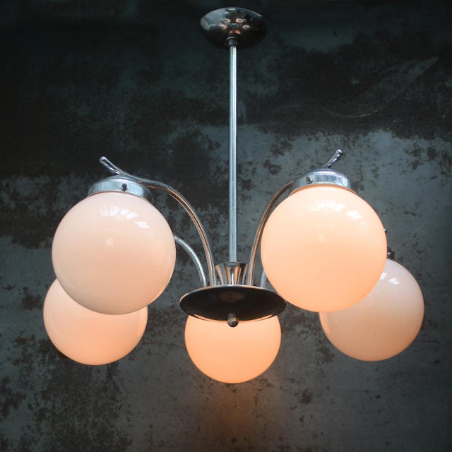 French Art Deco Nickel-Plated 5-Arm Chandelier with White Opaline Glass Globes For Sale - Image 9 of 11