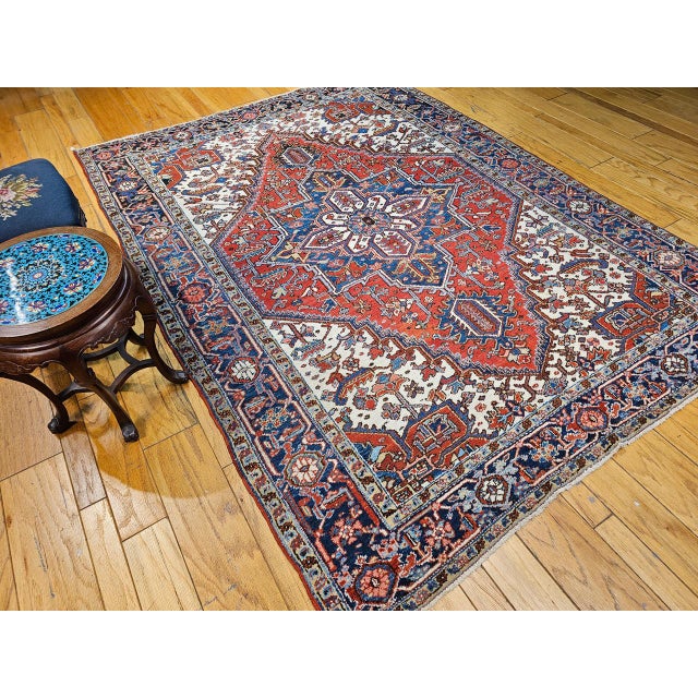 Early 20th Century Heriz, Hand-Knotted Wool, Geometric Pattern, Vegetable Dyes, Red & Navy, 7x9 For Sale - Image 11 of 11