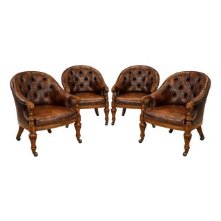 Set of 4 Late 20th Century English Regency Revival Tufted Leather Library Club Chairs With Carved Wood Arms For Sale