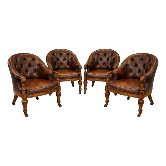 Set of 4 Late 20th Century English Regency Revival Tufted Leather Library Club Chairs With Carved Wood Arms For Sale