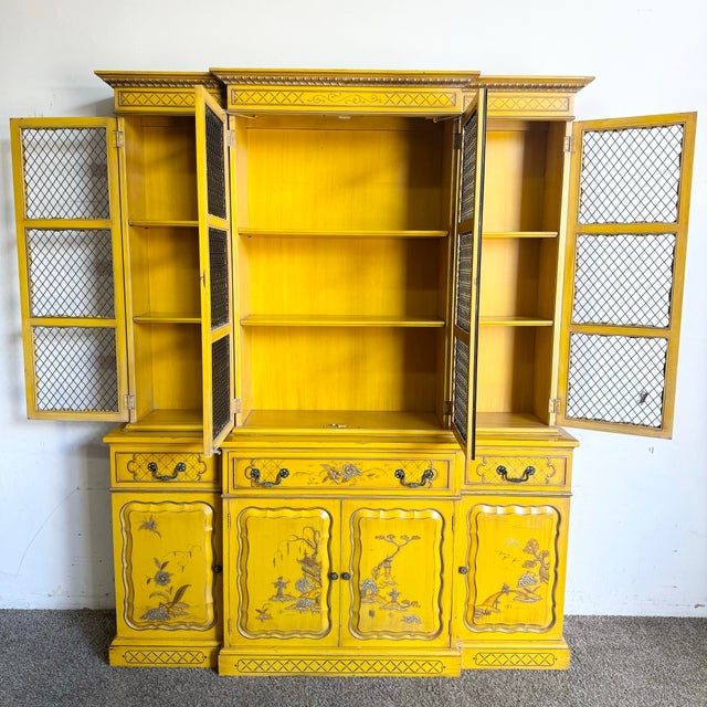 Vintage Chinoiserie Mustard Yellow Hand Painted China Cabinet ...