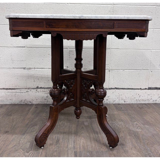 Wood Antique Victorian Eastlake Renaissance Revival Marble Walnut Center Parlor Table For Sale - Image 7 of 13