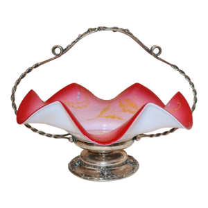 Antique Ornate Silverplate Enameled Glass Centerpiece Footed Fruit Bowl Compote