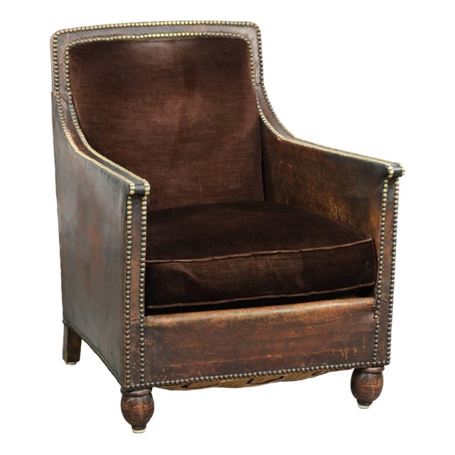 Art Deco Armchair in Velour and Decorative Nails For Sale