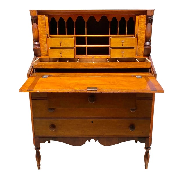 Early 19th Century Antique Sheraton Birds Eye Maple & Cherry Vermont Tambour Secretary Desk For Sale - Image 5 of 12