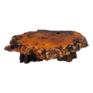 Vintage 1970s California Redwood Burl Live Edge Coffee Table on Redwood Stump Base For Sale