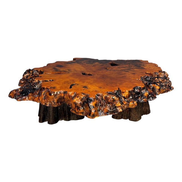 Vintage 1970s California Redwood Burl Live Edge Coffee Table on Redwood Stump Base For Sale