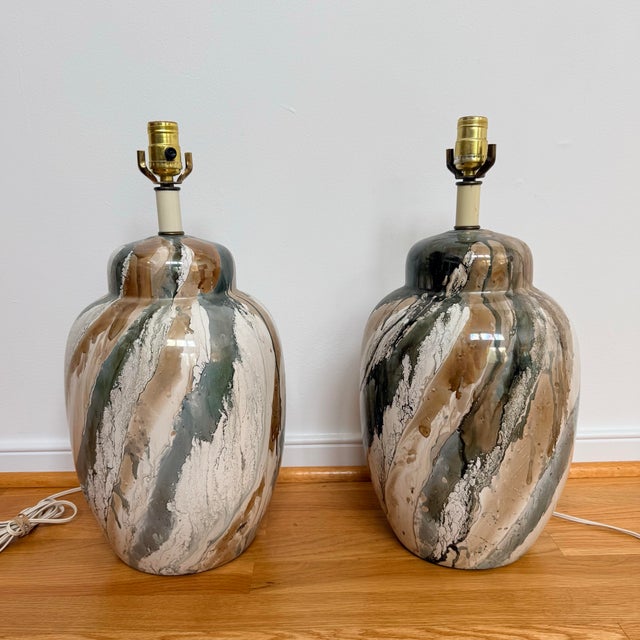 Pair of Vintage Marbled Glaze Table Lamps in Sage, Cream & Taupe, Organic Modern - A Pair For Sale In Richmond - Image 6 of 8