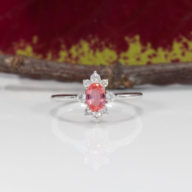 2020s Aaa Padparadscha Sapphire Ring With Natural Diamonds: Solid 14k Gold, Oval 6x4mm, Size 6.75 For Sale - Image 5 of 9