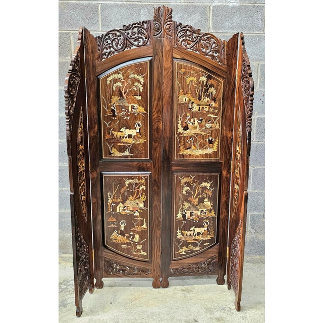 20th Century Carved Multi-Wood Marquetry Four-Panel Palatial Floor Screen For Sale - Image 4 of 12