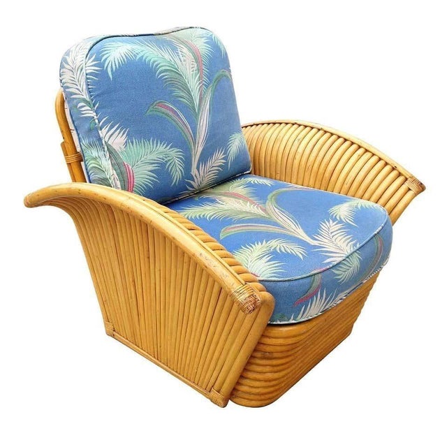 YesRARE - Paul Frankl 1939 restored, Original Rattan Fan Arm Lounge Chair with Ottoman in bark cloth covering. Restored to...