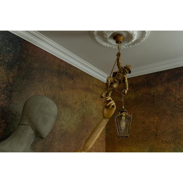 German Carved Linden Wood Mountaineer with Brass Lantern, 1950s For Sale - Image 13 of 18