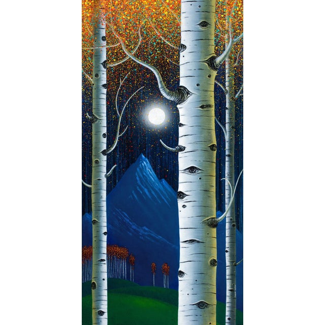 In "Aspen in Moonlight," tall aspen trees dominate the composition, their white bark contrasting beautifully with the...